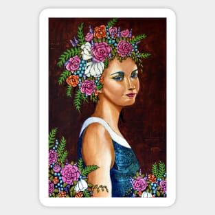 Abundance : portrait of a woman with flowers in her hair Sticker